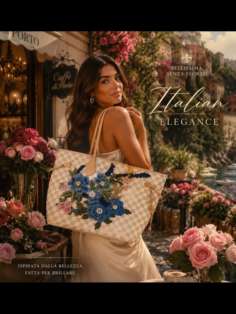 Embroidered Cream  Checkered Tote with Blue Floral Appliqué Patches and Jewels